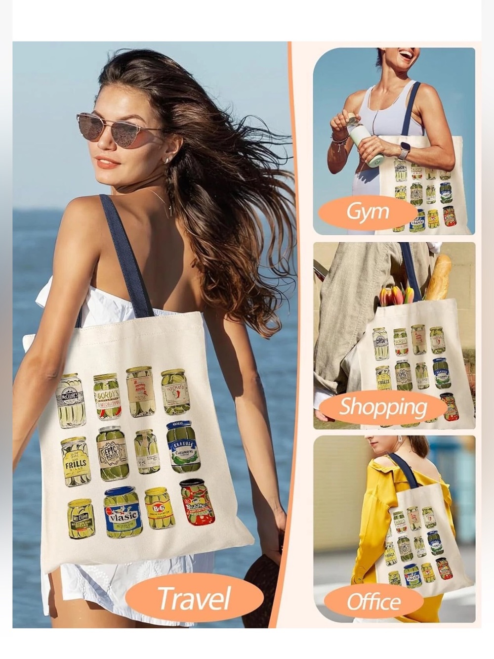Aesthetic Canvas Tote Bag with Inner Pocket for Women, Cloth Canned Pickle - Picture 6 of 7